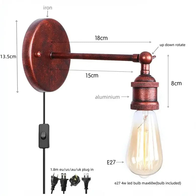 Vintage brass wall lamp with pull chain featuring rusted iron backplate aluminum arm and exposed edison bulb decorbites gold vintage iron