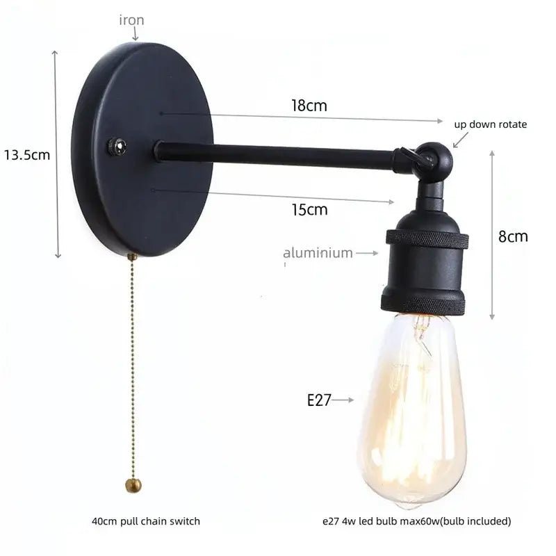 Vintage brass wall lamp with pull chain featuring black iron and aluminum decorbites gold vintage iron style sconce