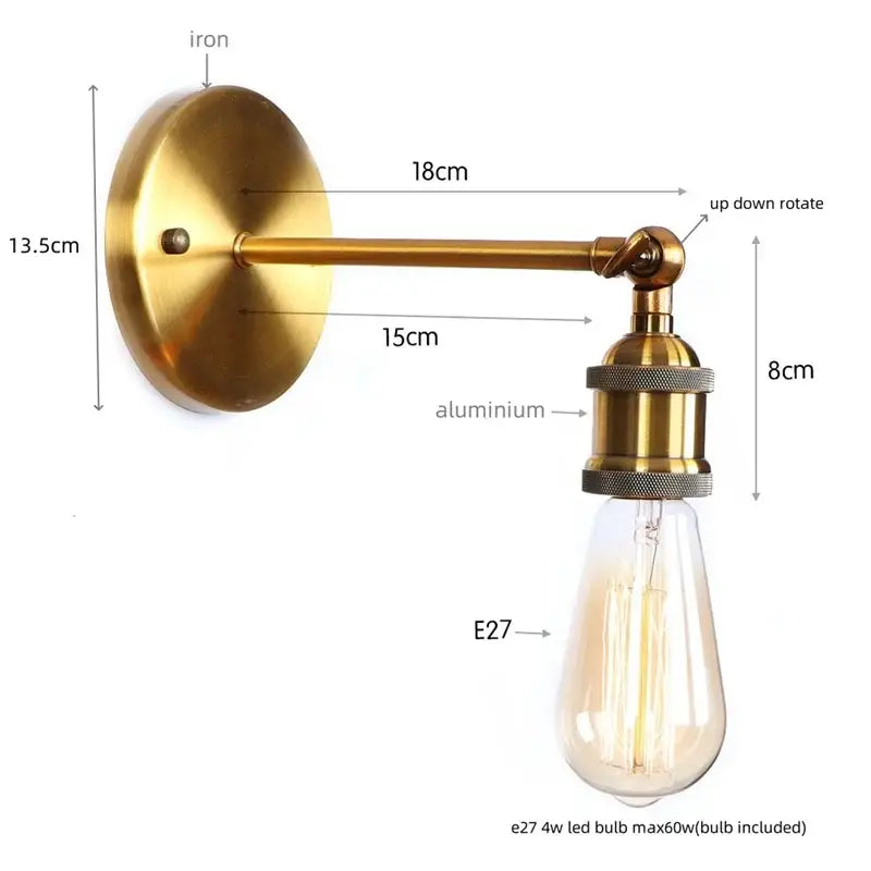 Brass-finished vintage brass wall lamp with rotating arm and e27 led bulb for decorbites gold vintage iron bedroom lighting