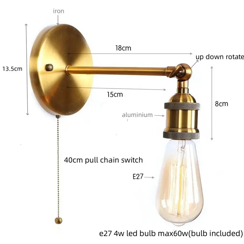 Vintage brass wall lamp with pull chain featuring a brass-finished industrial style and gold vintage iron decorbites design