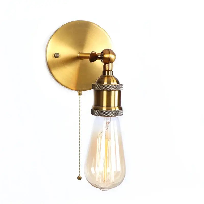 Vintage brass wall lamp with pull chain featuring a brass-finished industrial style and gold vintage iron decorbites gold vintage