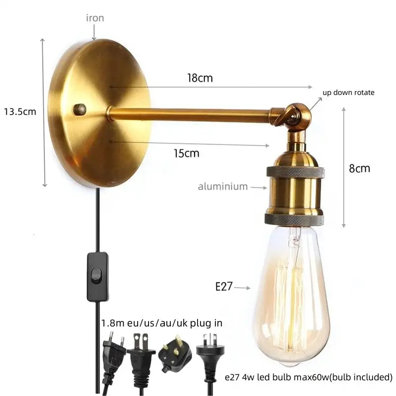 Brass-finished vintage brass wall lamp with rotating arm pull chain and e27 led bulb for decorbites gold vintage iron decor