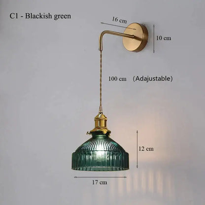Vintage brass wall lamp with blackish green ribbed glass shade featuring metal arm and chain for living room lighting with glass shade led option