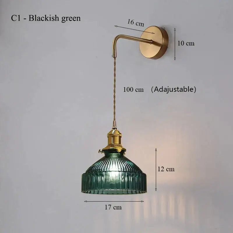 Vintage brass wall lamp with blackish green ribbed glass shade featuring metal arm and chain for living room lighting with glass shade led option