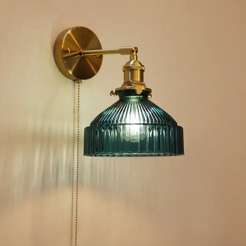 Vintage brass wall lamp with teal ribbed glass shade and chain switch suitable for living room glass shade led lighting