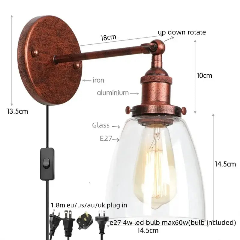 Vintage brass wall light fixture with copper iron and aluminum arm and clear glass shade for bedroom lighting