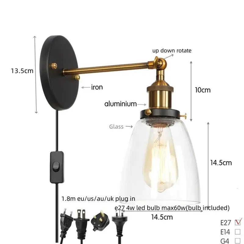 Vintage brass wall light fixture with black iron backplate brass aluminum arm and clear glass dome for bedroom use