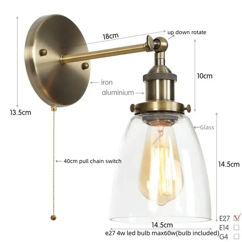 Vintage brass wall light fixture with glass dome and exposed edison bulb for bedroom lighting needs