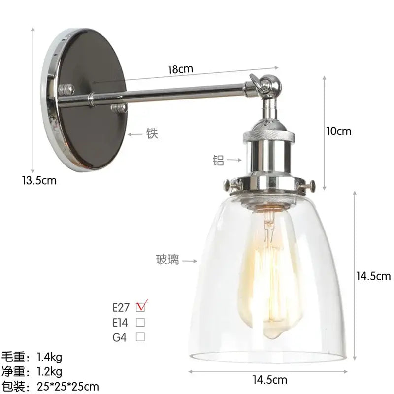 Vintage brass wall light fixture with chrome finish glass dome and exposed edison bulb for bedroom use