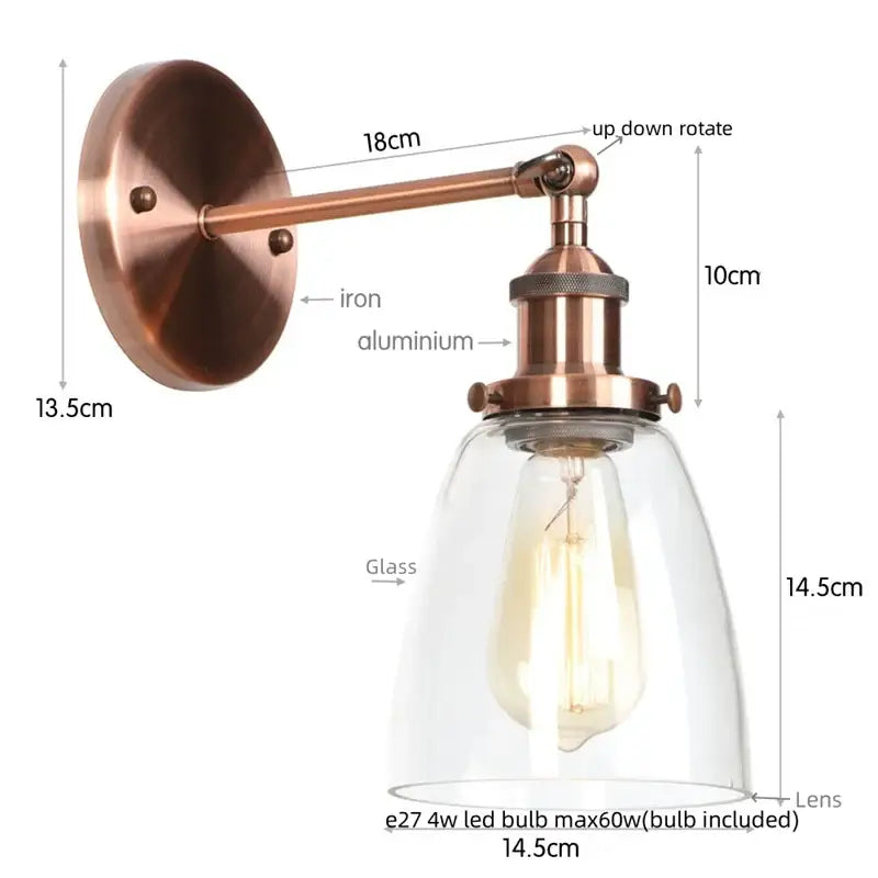 Copper-finished vintage brass wall light fixture with clear glass dome and Edison bulb for bedroom use