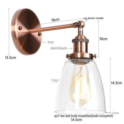 Copper-finished vintage brass wall light fixture with clear glass dome and Edison bulb for bedroom use