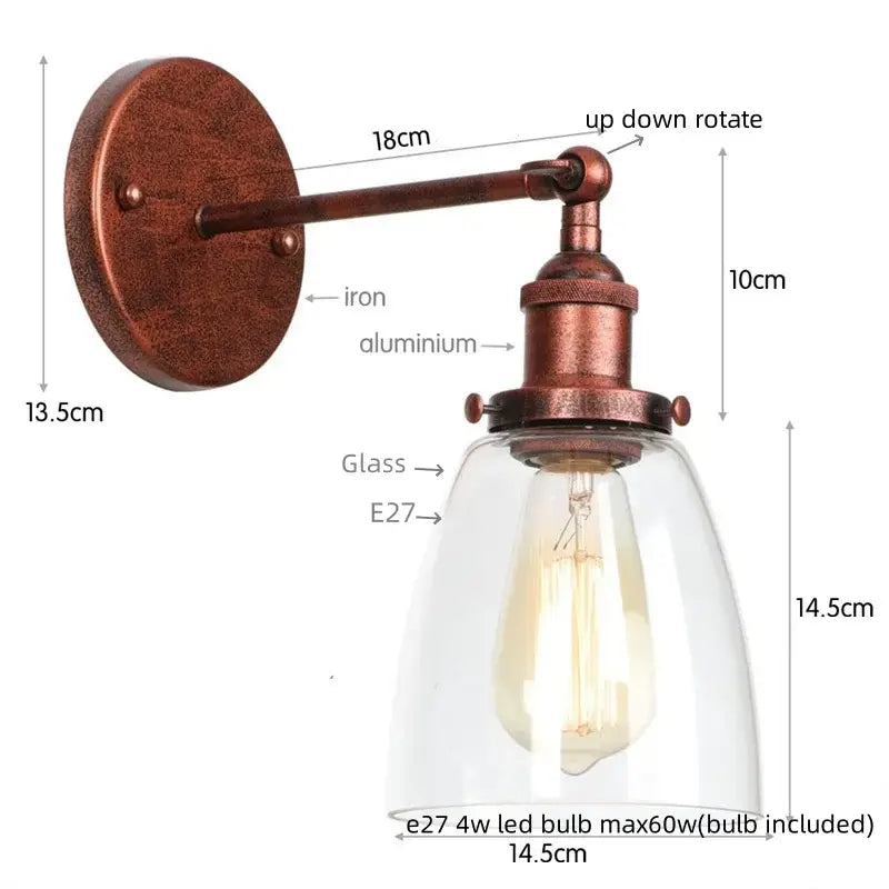 Vintage brass wall light fixture with copper finish and clear glass dome featuring an e27 led bulb for bedroom use