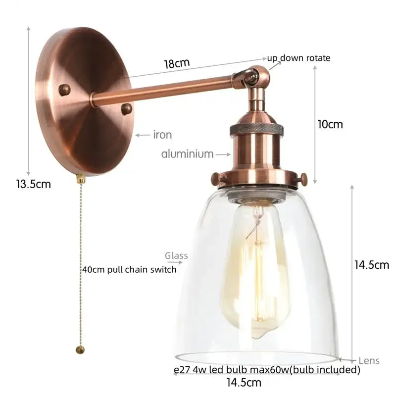 Copper-finished vintage brass wall light fixture with glass dome and exposed Edison bulb for bedroom use