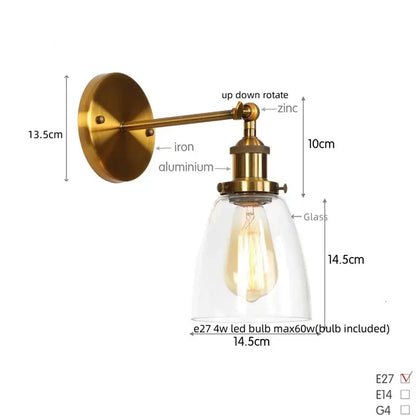 Vintage brass wall light fixture with clear glass dome and exposed Edison bulb for bedroom wall lighting