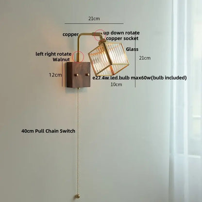 Vintage brass wall light with walnut base copper arm and faceted clear glass shade for decorbites clear glass decor