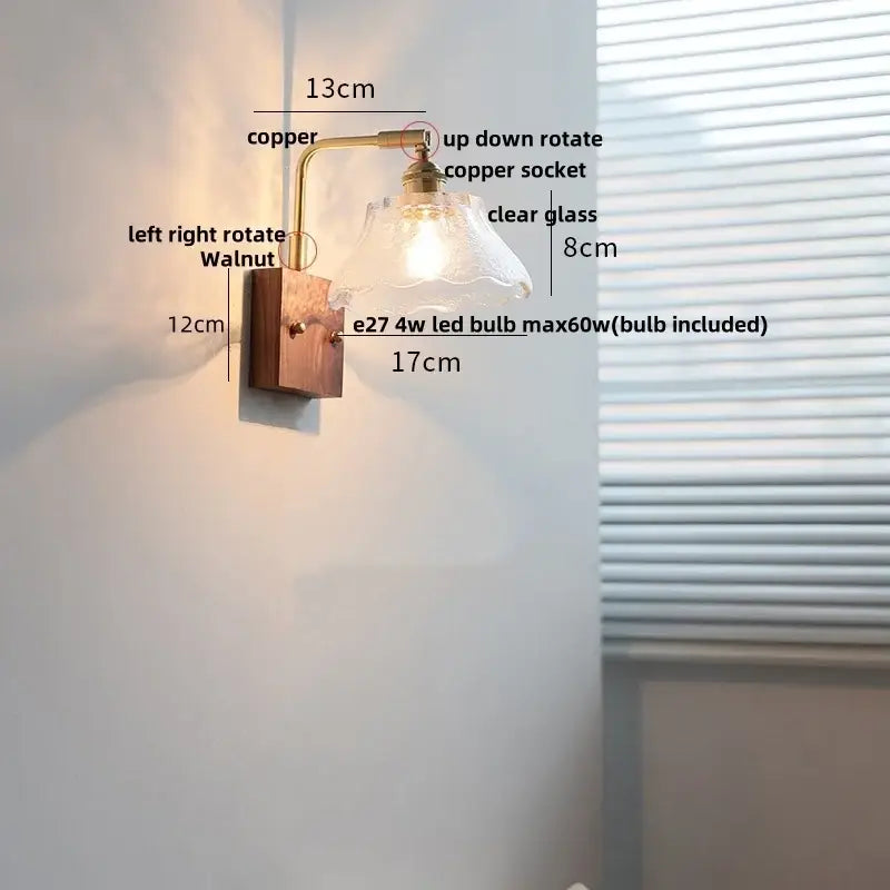 Vintage brass wall light with copper and walnut finish featuring a clear glass shade for decorbites clear glass decor