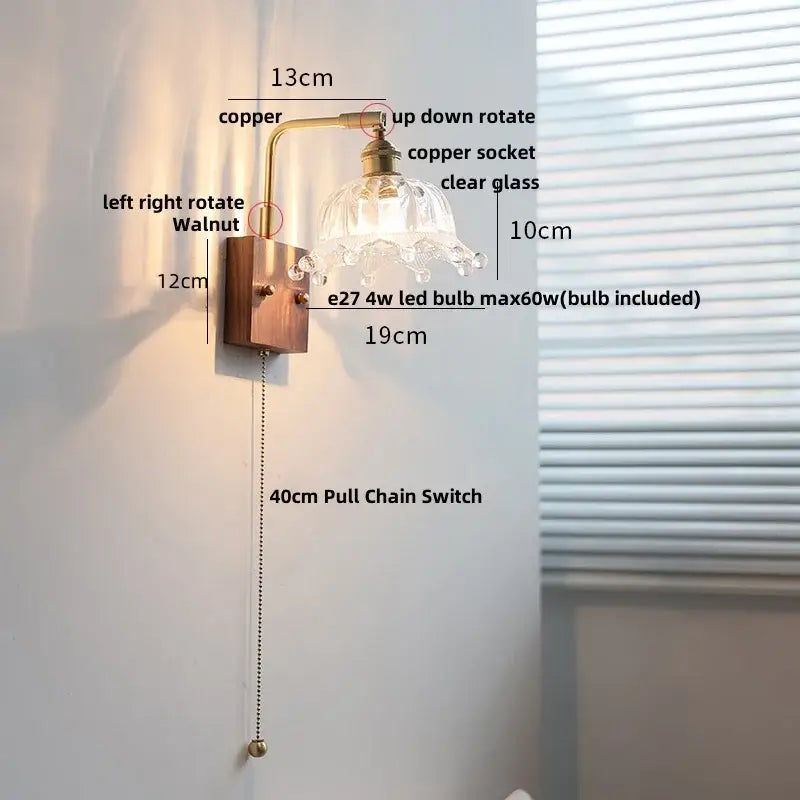Vintage brass wall light with copper finish clear glass shade and walnut wood base for decorbites clear glass sconce