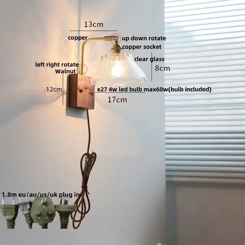 Vintage brass wall light with copper and walnut finish featuring clear glass shade for bedroom decorbites clear glass design