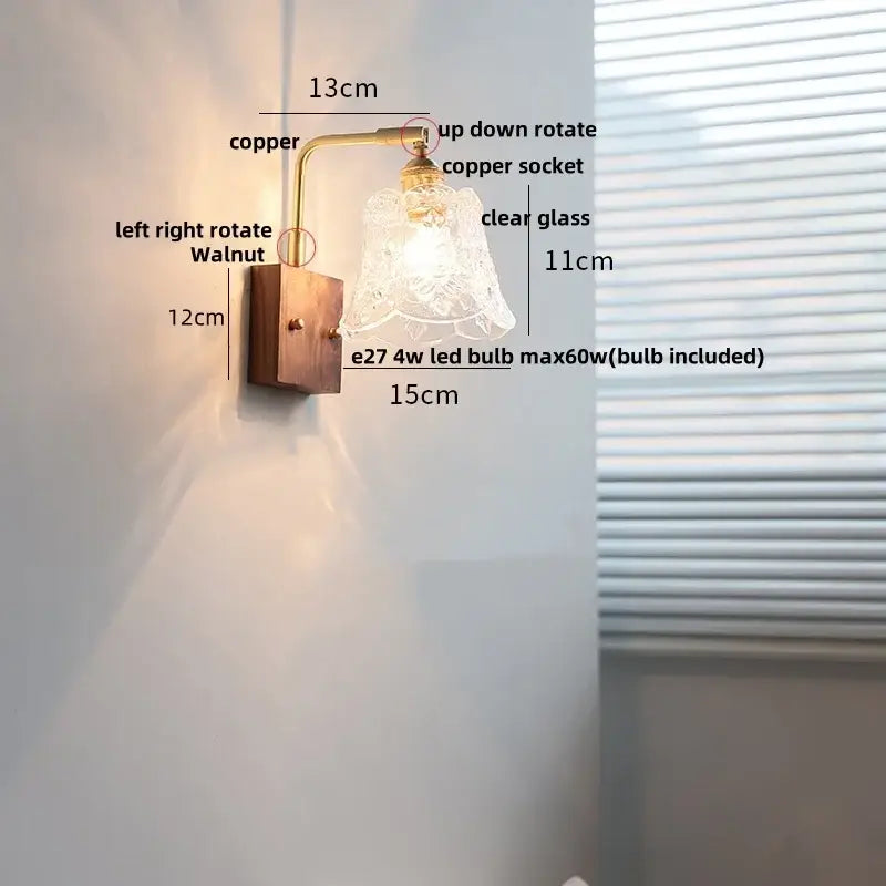 Vintage brass wall light with copper arm and etched clear glass shade on walnut wood base for decorbites clear glass decor