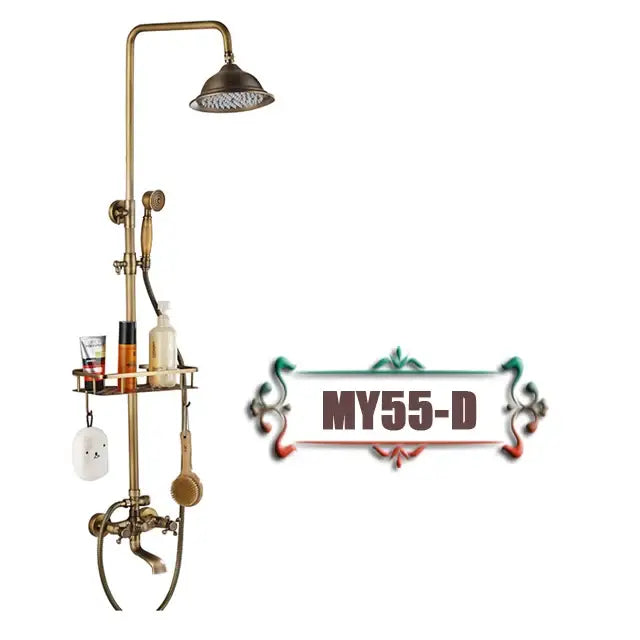 Vintage brass wall mount bathtub faucet with brass-finished rainhead shower system and integrated shelf for toiletries
