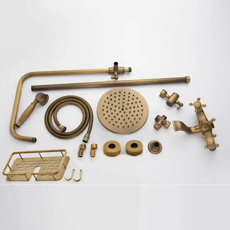 Vintage brass wall mount bathtub faucet with shower set featuring round rainhead and handheld sprayer for bathroom decorbites brass wall