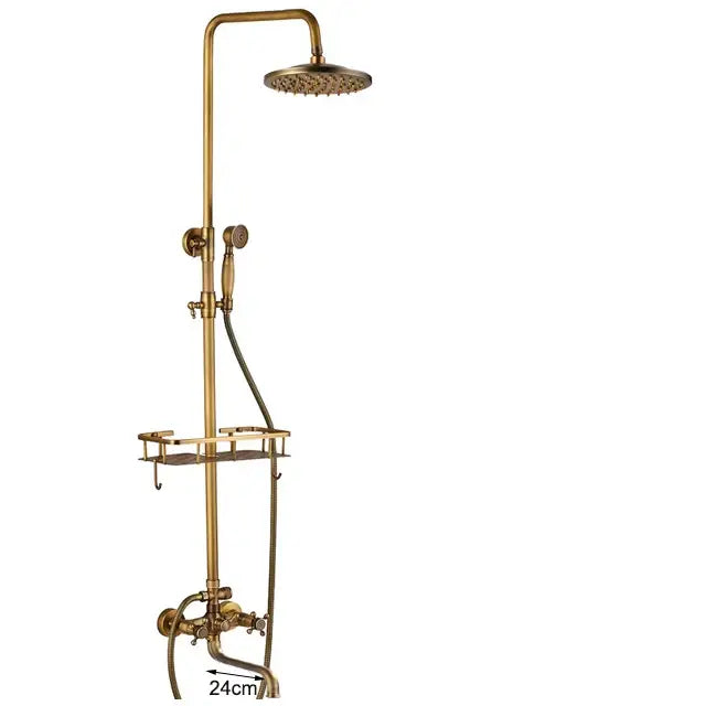 Vintage brass wall mount bathtub faucet with shower set featuring a round rainhead handheld spray and shelf bracket decorbites brass wall