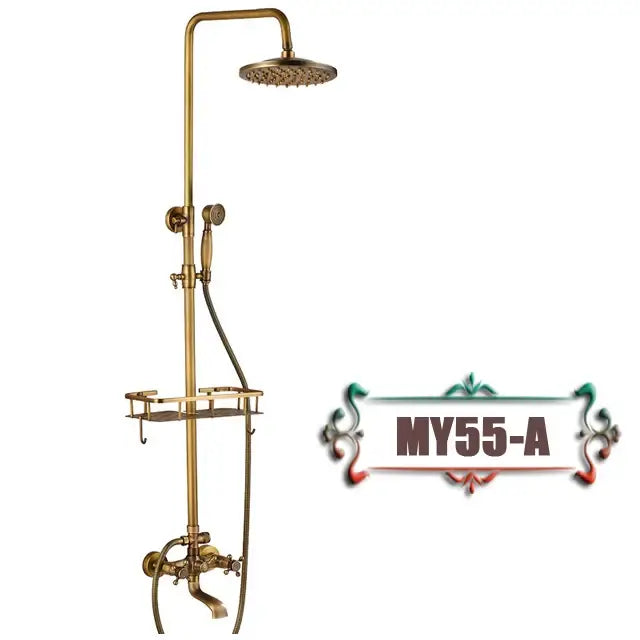 Vintage brass wall mount bathtub faucet with brass finish shower set including round rainhead handheld spray and shelf