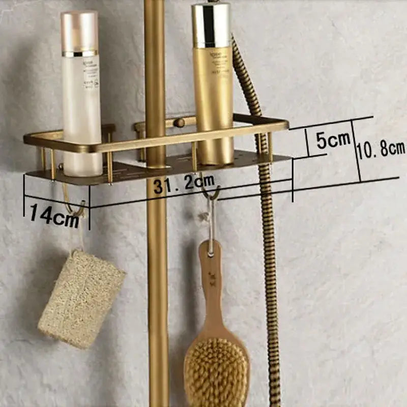 Brass shower caddy with two bottle holders and hanging hooks for vintage brass wall mount bathtub faucet bathroom decorbites brass wall