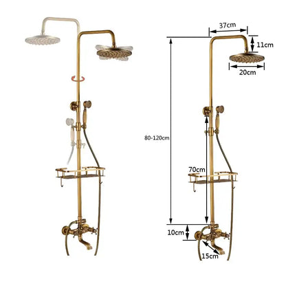 Vintage brass wall mount bathtub faucet with brass-finished double shower head system and integrated storage shelf