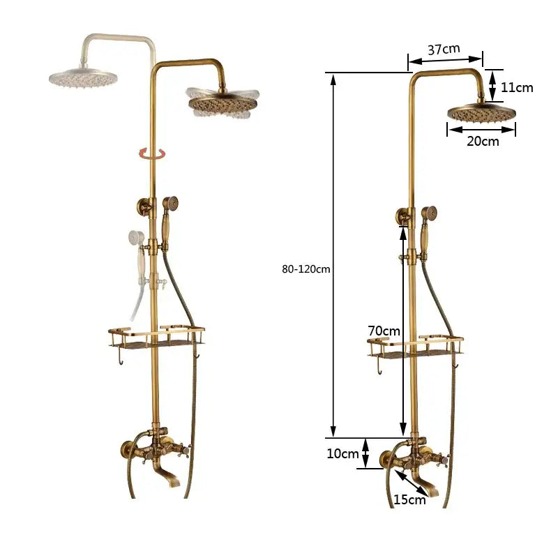 Vintage brass wall mount bathtub faucet with brass-finished double shower head system and integrated storage shelf