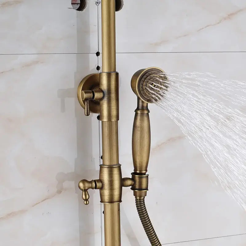 Vintage brass wall mount bathtub faucet with antique brass finish shower system and handheld spray for bathroom decorbites brass wall