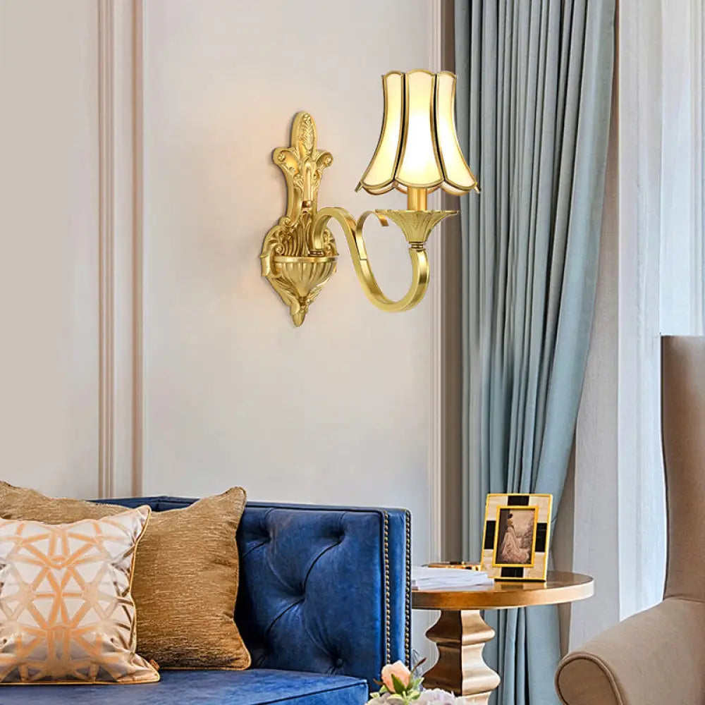 Vintage Brass Wall Mounted Bell Beveled Glass Light Fixture for Living Room