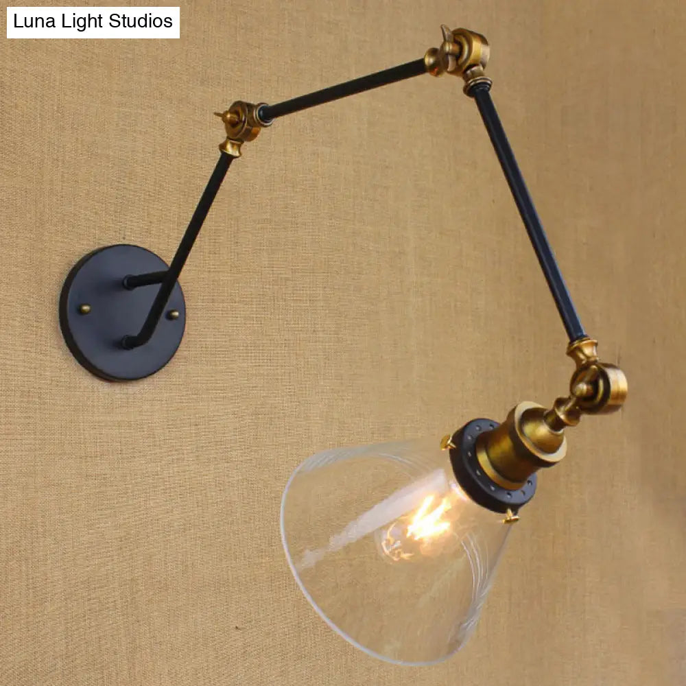 Vintage Brass Wall Sconce, Extendable Arm, Clear Glass Shade, 1-Bulb Light Fixture