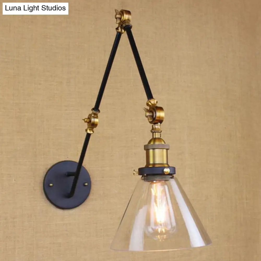 Vintage Brass Wall Sconce, Extendable Arm, Clear Glass Shade, 1-Bulb Light Fixture