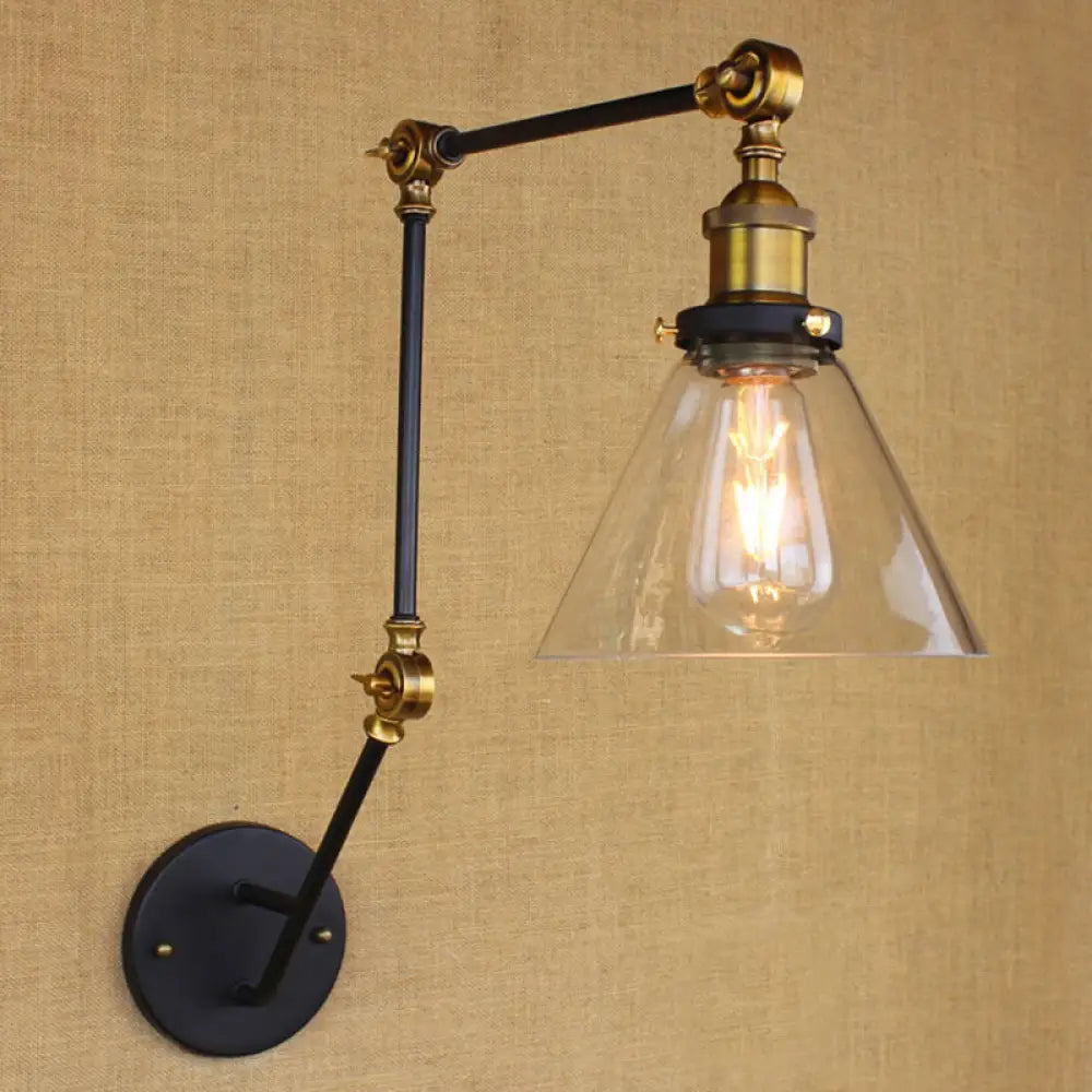 Vintage Brass Wall Sconce, Extendable Arm, Clear Glass Shade, 1-Bulb Light Fixture