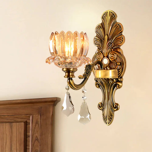 Vintage Brass Wall Sconce with Clear Glass Shade - Mid Century Flower Design, 1/2-Light Wall Mount Lamp