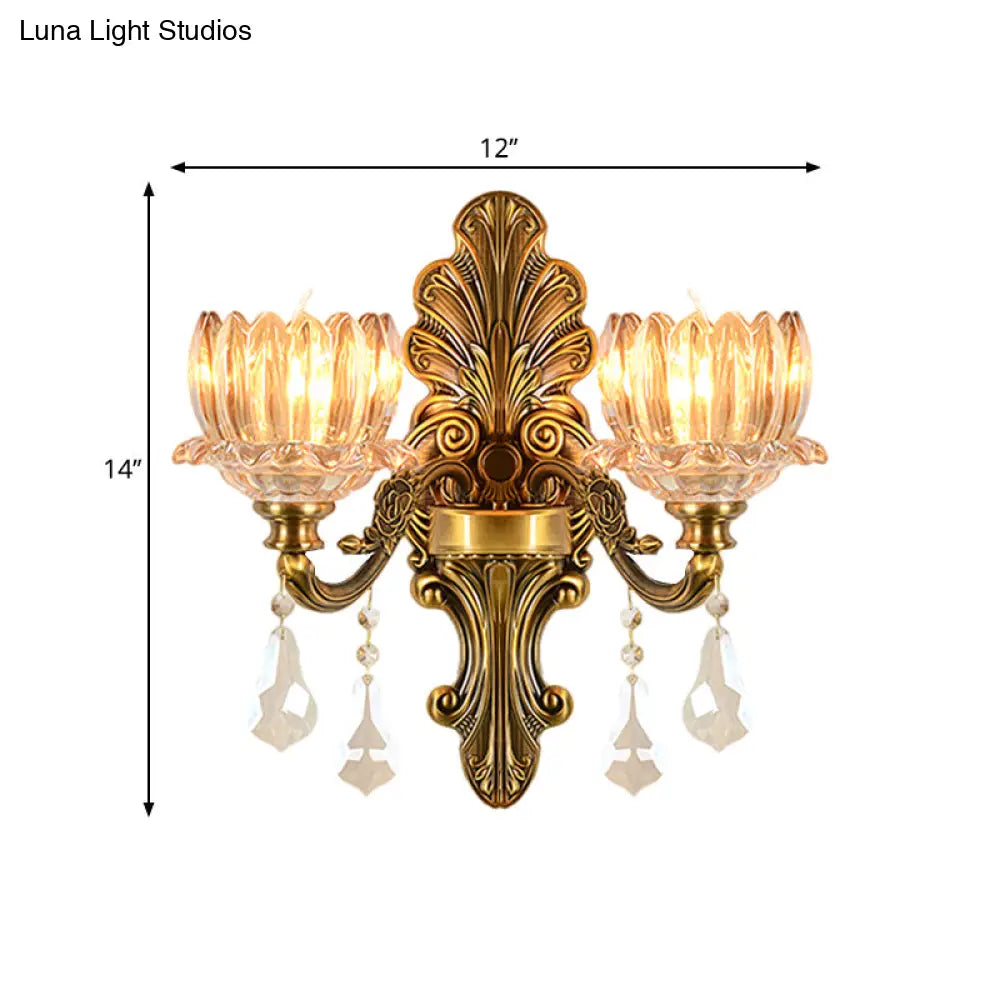 Vintage Brass Wall Sconce with Clear Glass Shade - Mid Century Flower Design, 1/2-Light Wall Mount Lamp