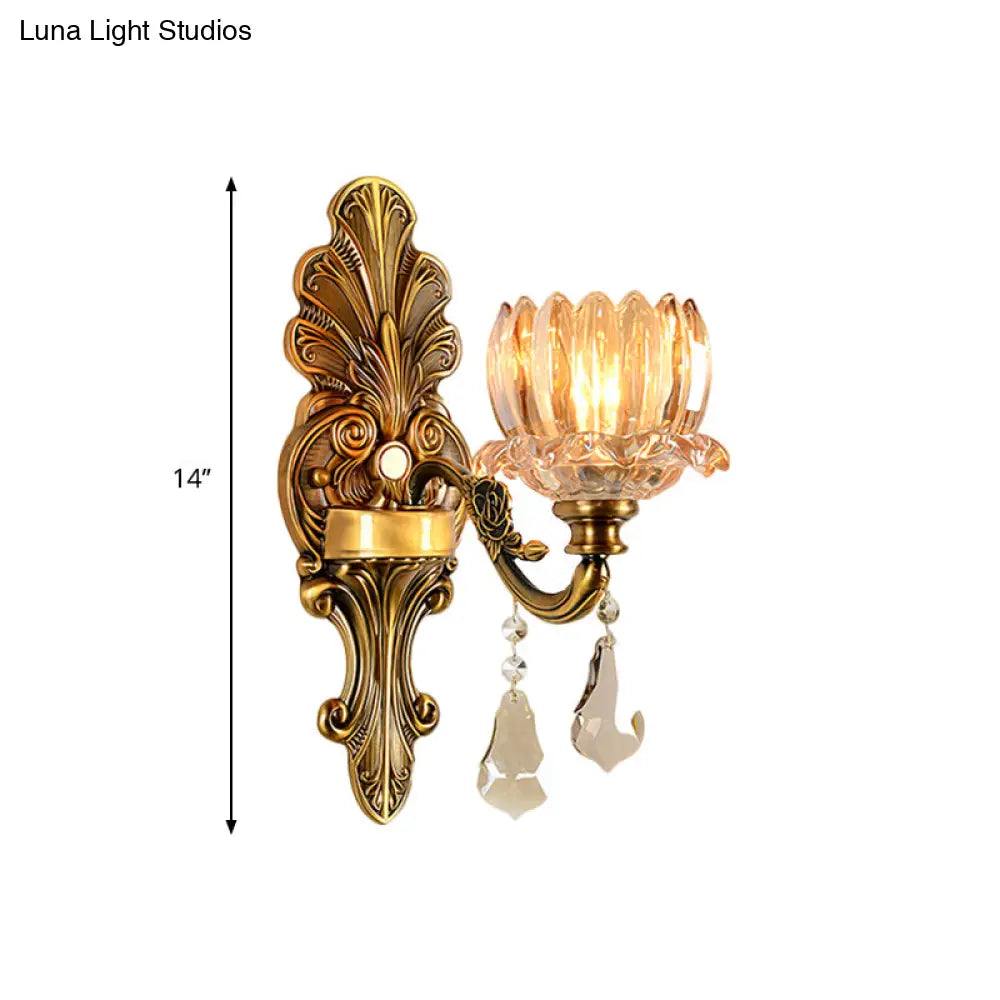 Vintage Brass Wall Sconce with Clear Glass Shade - Mid Century Flower Design, 1/2-Light Wall Mount Lamp