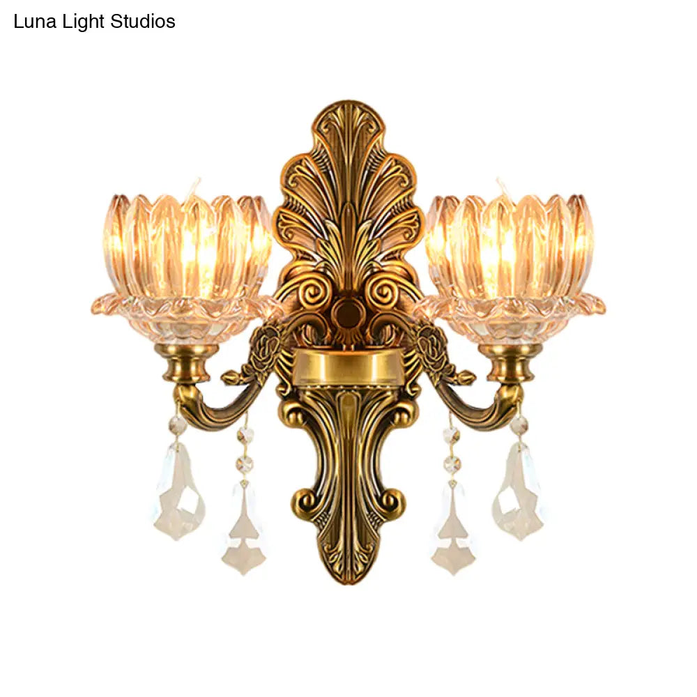 Vintage Brass Wall Sconce with Clear Glass Shade - Mid Century Flower Design, 1/2-Light Wall Mount Lamp