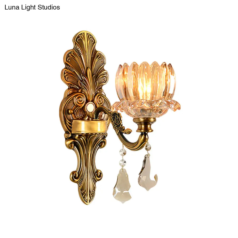Vintage Brass Wall Sconce with Clear Glass Shade - Mid Century Flower Design, 1/2-Light Wall Mount Lamp
