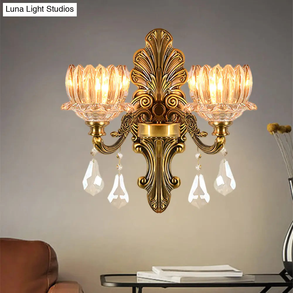 Vintage Brass Wall Sconce with Clear Glass Shade - Mid Century Flower Design, 1/2-Light Wall Mount Lamp