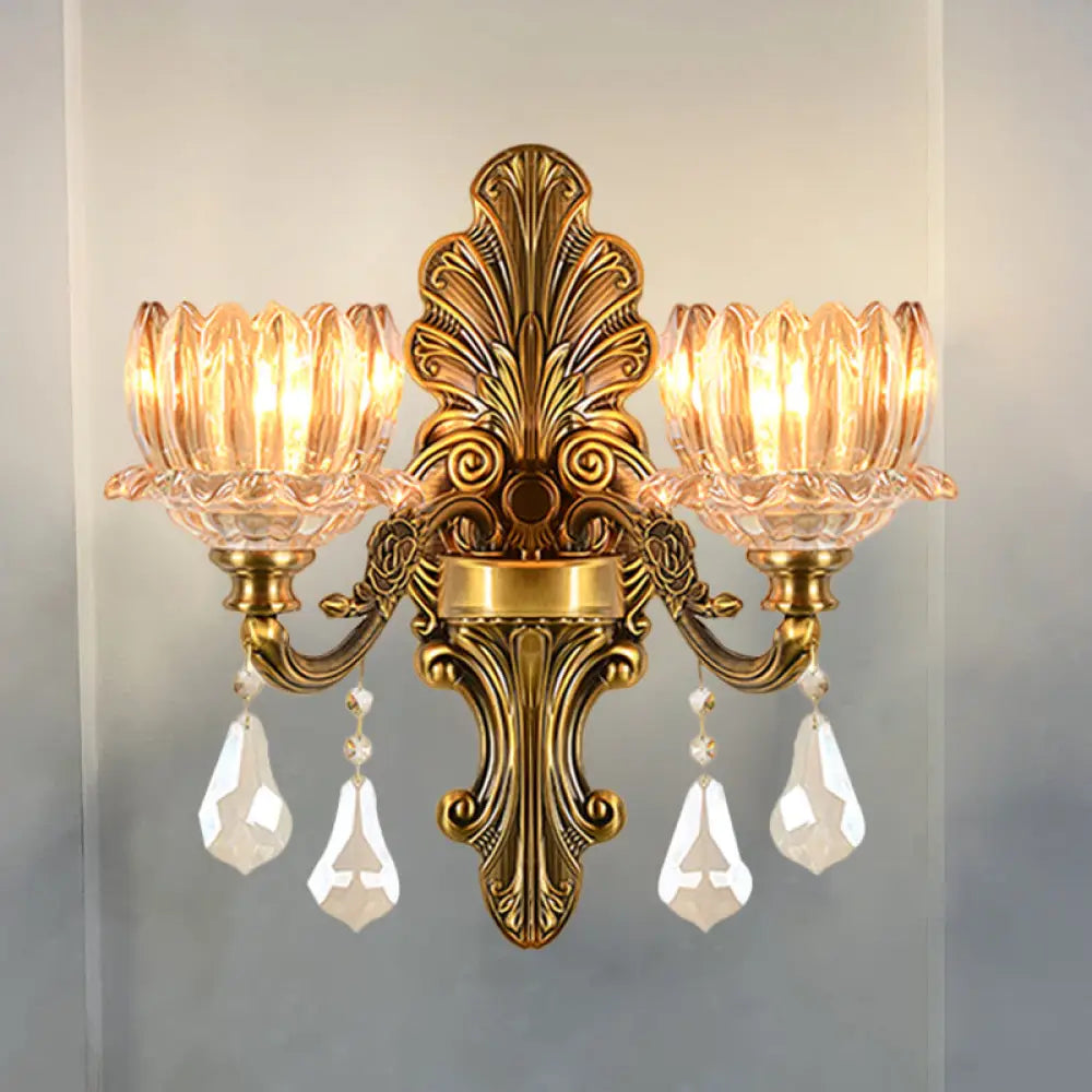 Vintage Brass Wall Sconce with Clear Glass Shade - Mid Century Flower Design, 1/2-Light Wall Mount Lamp