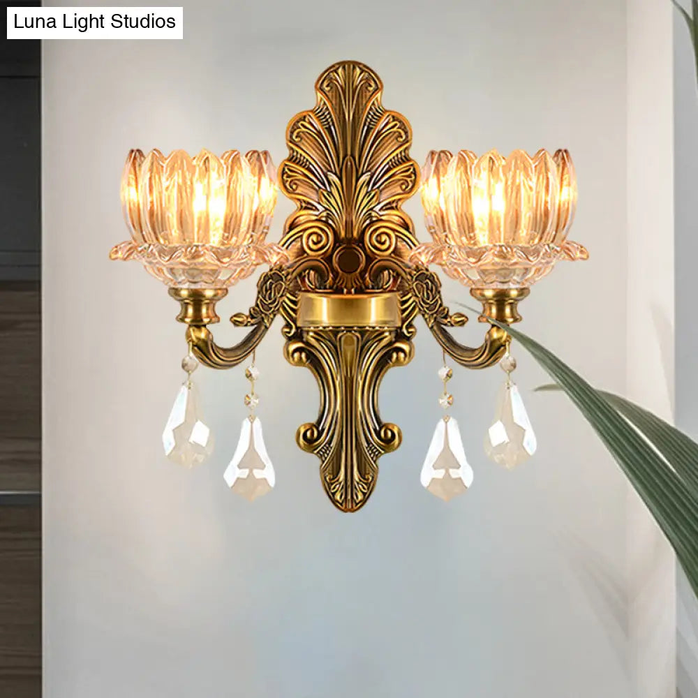 Vintage Brass Wall Sconce with Clear Glass Shade - Mid Century Flower Design, 1/2-Light Wall Mount Lamp