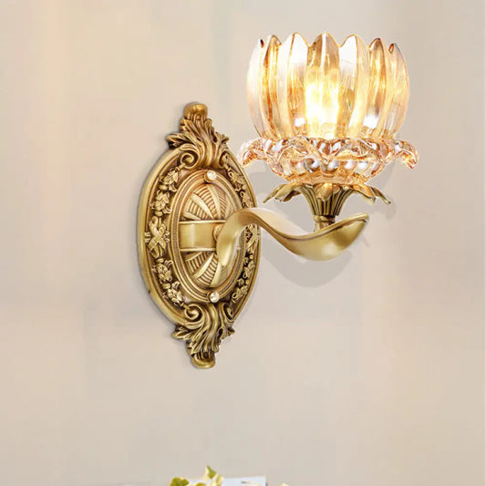 Vintage Brass Wall Sconce with Crystal Flower Shade for Elegant Living Room Lighting