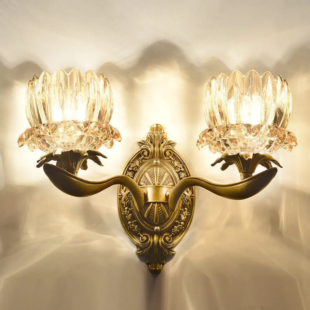 Vintage Brass Wall Sconce with Crystal Flower Shade for Elegant Living Room Lighting