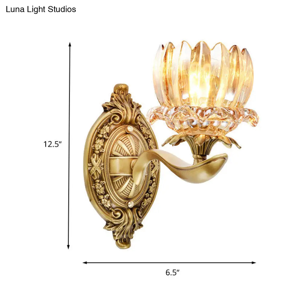 Vintage Brass Wall Sconce with Crystal Flower Shade for Elegant Living Room Lighting