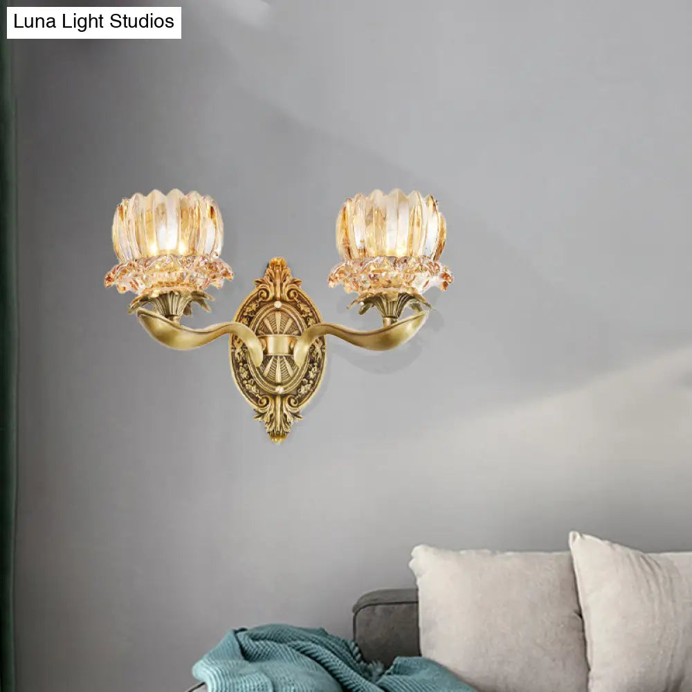 Vintage Brass Wall Sconce with Crystal Flower Shade for Elegant Living Room Lighting