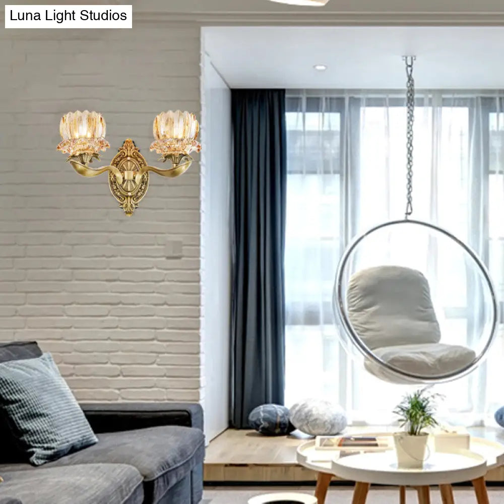 Vintage Brass Wall Sconce with Crystal Flower Shade for Elegant Living Room Lighting
