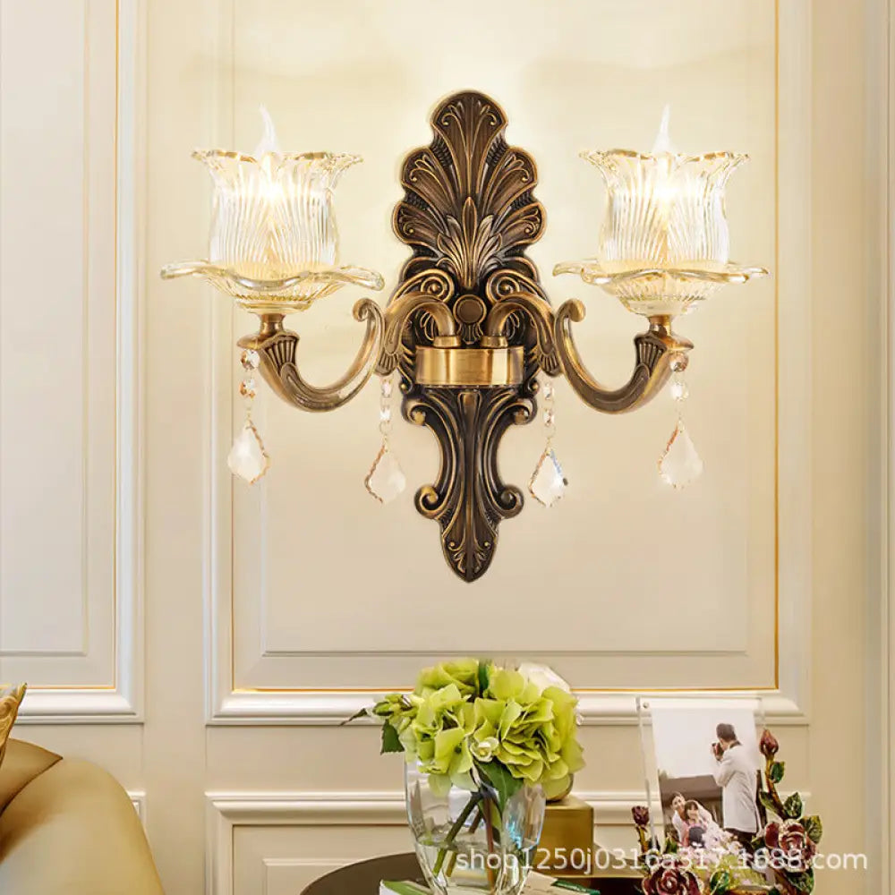 Vintage Brass Wall Sconce with Petal Textured Glass Shade for Living Rooms