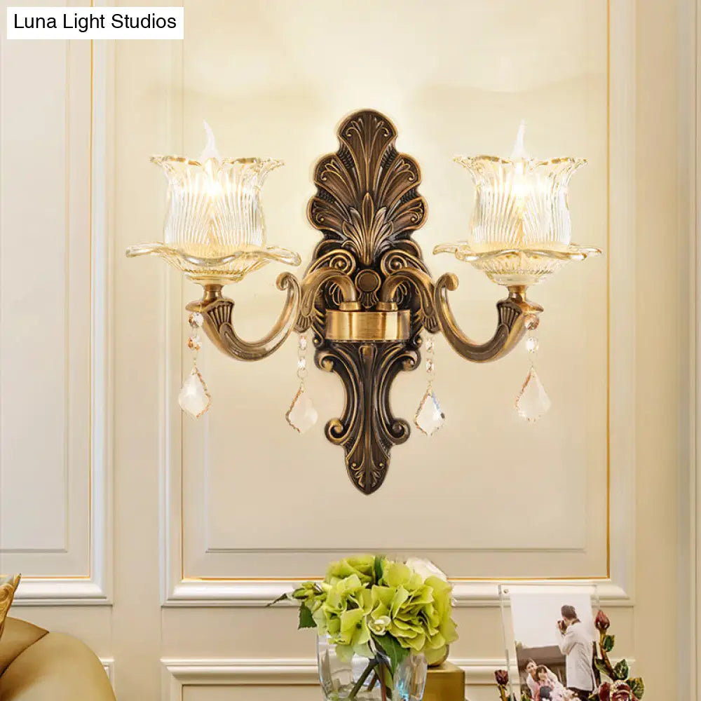 Vintage Brass Wall Sconce with Petal Textured Glass Shade for Living Rooms